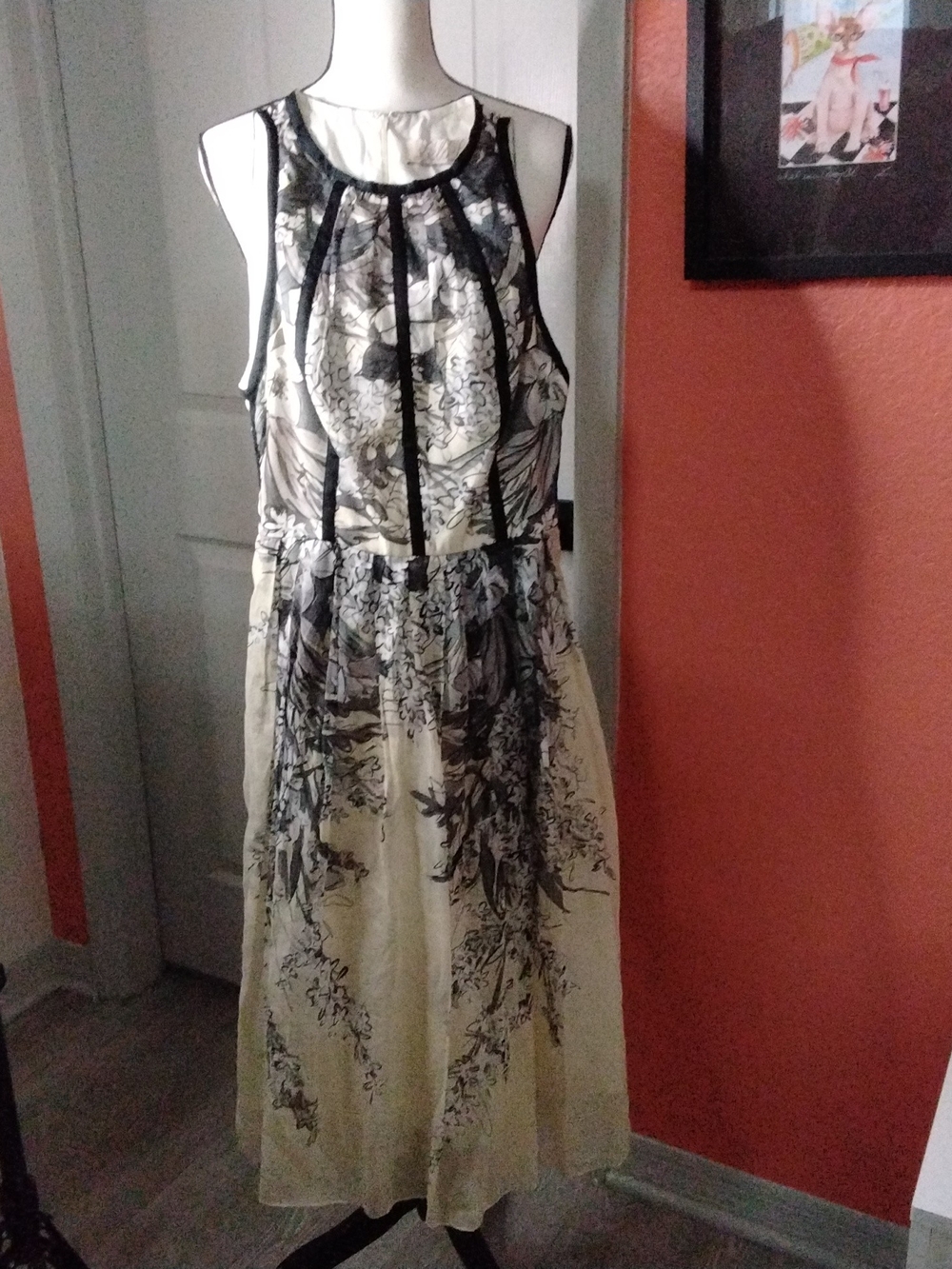 Lela Rose Cream Midi Dress with Black Floral Print
